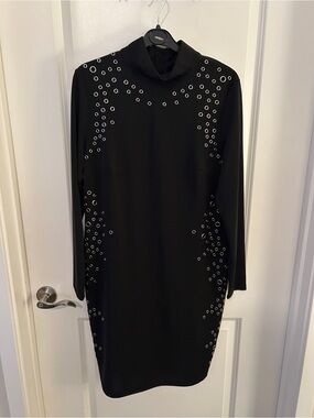 Wallis Black Long-Sleeve Dress with Silver Eyelet Detail